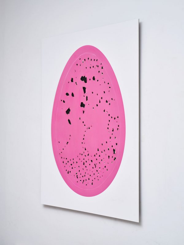 oblique view of 'Holy Eggs (Pink)' by Gavin Turk