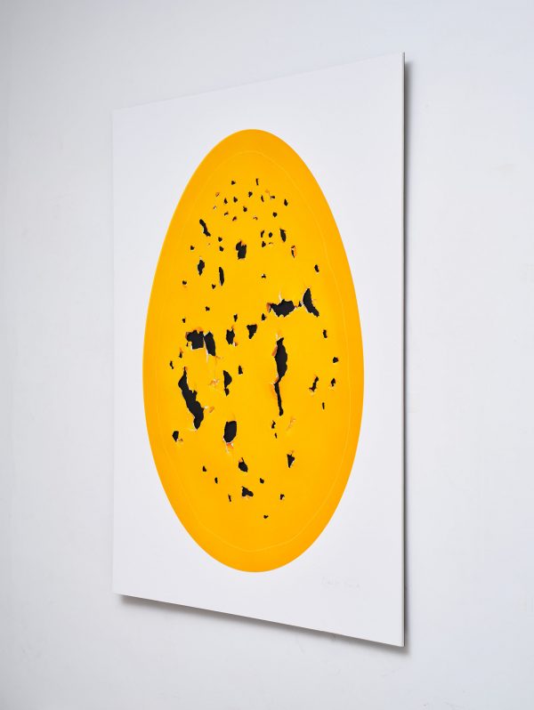 oblique view of 'Holy Eggs (Yellow)' by Gavin Turk