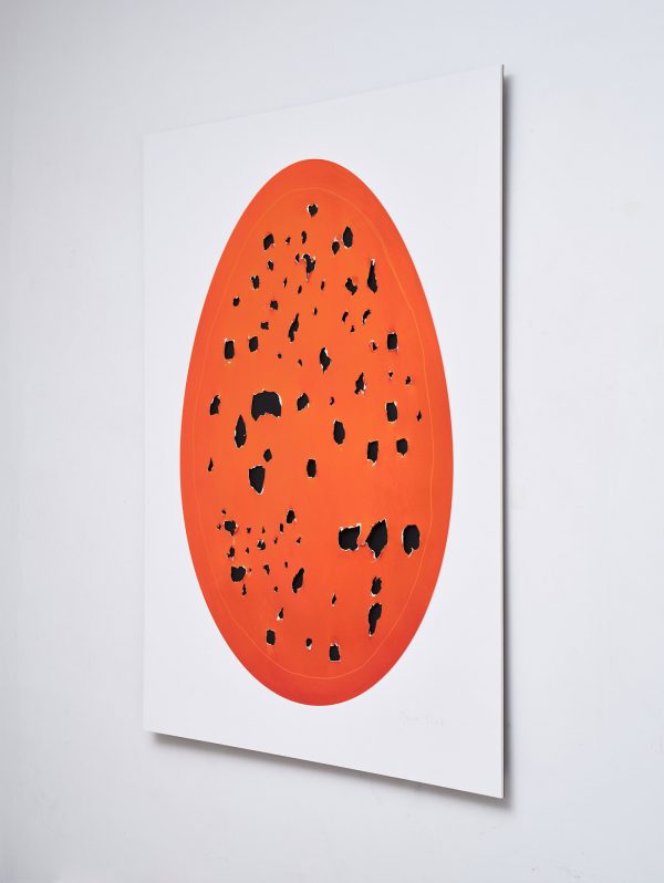 oblique view of 'Holy Eggs (Orange)' by Gavin Turk