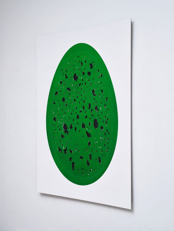 oblique view of 'Holy Eggs (Green)' by Gavin Turk